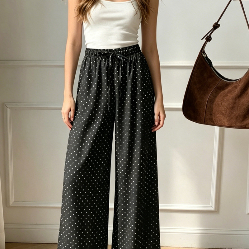 Summer New Style European and American Cross-Border Polka Dot Print Casual Wide-Leg Pants with Elastic Waist and Drawstring, Loose and Versatile Summer New Style European and American Cross-Border Polka Dot Print Casual Wide-Leg Pants with Elastic Waist and Drawstring, Loose and Versatile
