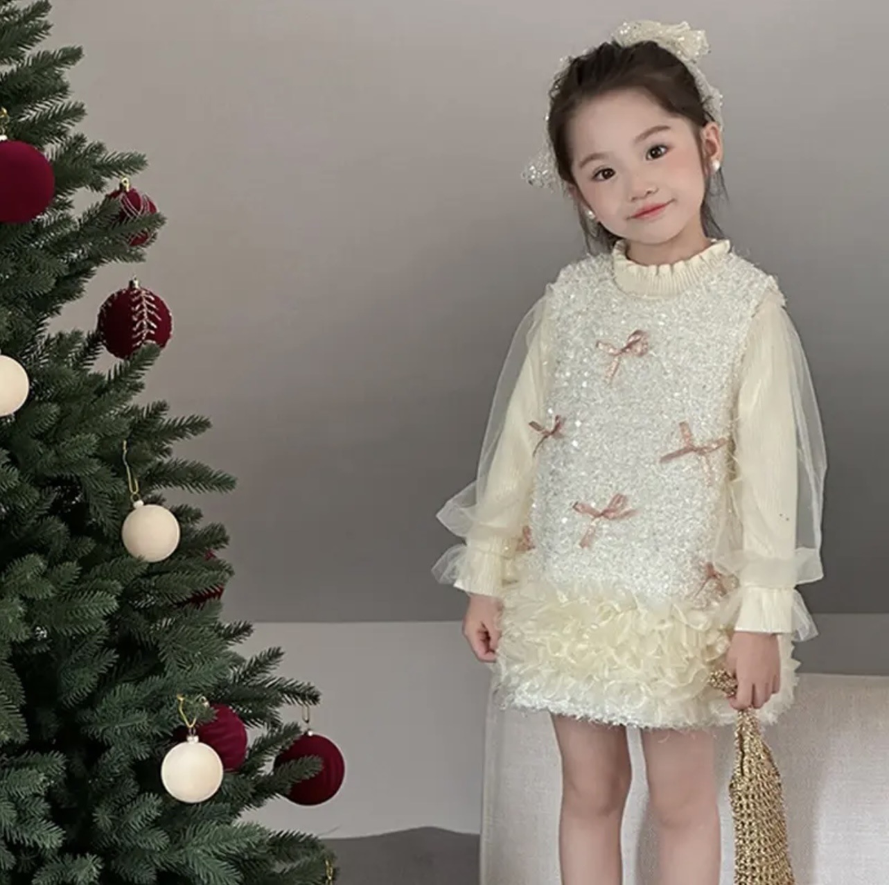 Qianqiu vestido de princesa de otoño y invierno, vestido de aniversario de mujeres, vestido de moda para niños con un poco de viento fragante y vestido de lana de moda