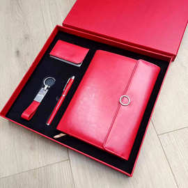 新款商务红色笔记本套装女士钥匙扣四件套 签字笔套装名片盒礼品