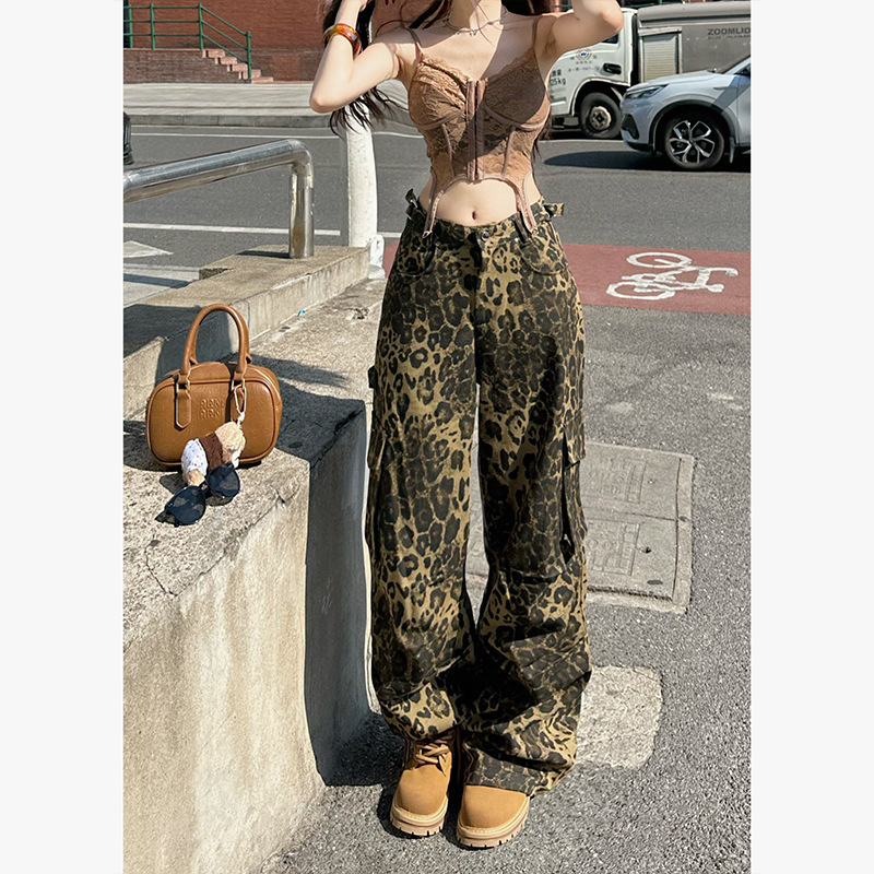豹纹高街工装阔腿牛仔裤女2025秋季新款多口袋高腰阔腿拖地长裤|undefined