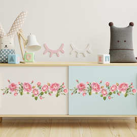 温馨绿叶玫瑰花贴纸客厅卧室腰线踢脚线顶角线贴画可移除墙纸自粘