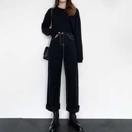 高腰牛仔裤女直筒宽松大码秋2020新款显瘦哈伦萝卜老爹微胖MM女裤