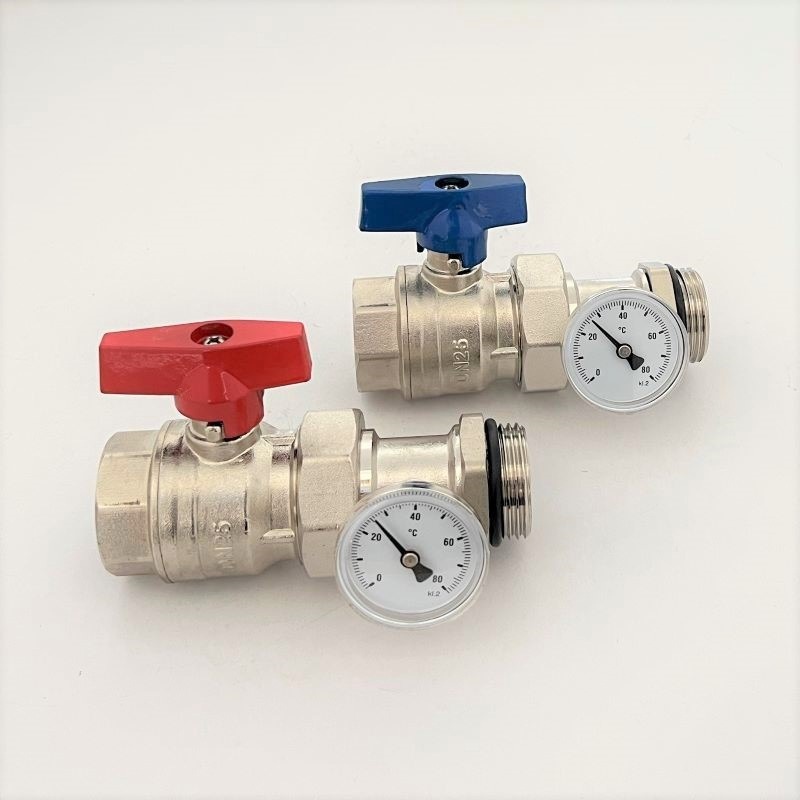 ZZ18504地暖分水器球阀带温度表，分水器球阀，地暖管道活接球阀
