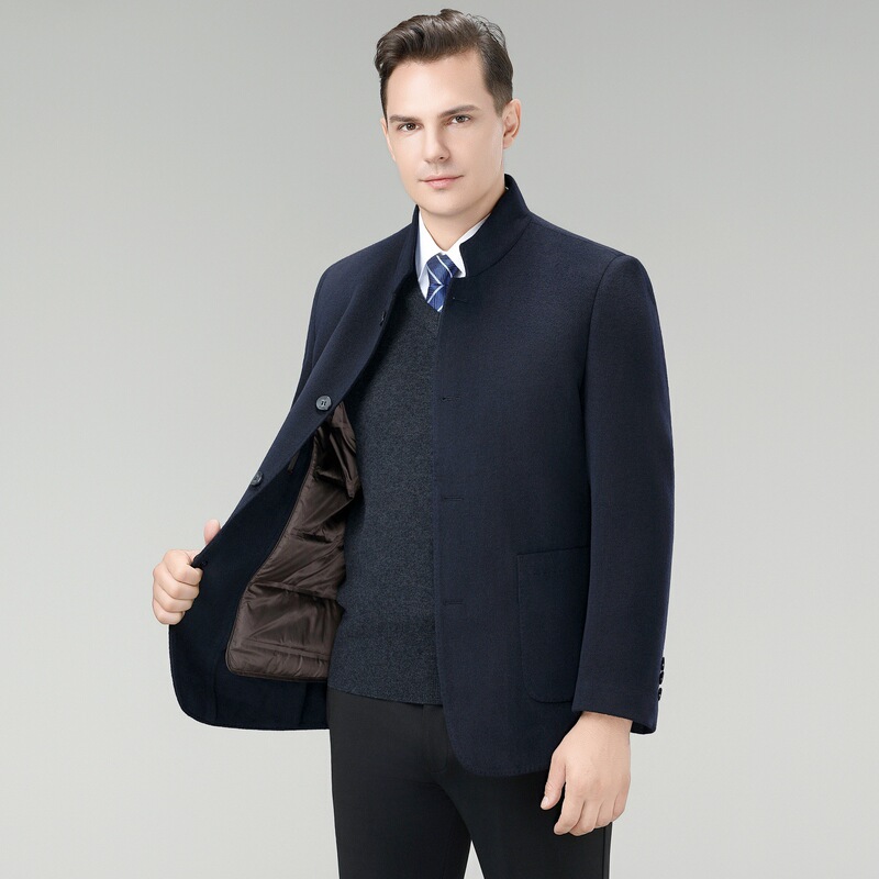 Brand Men's Woolen Outwear Men's Winter Middle-Aged Goose down Liner Thickeneded Parka Double-Sided Cashmere Jacket