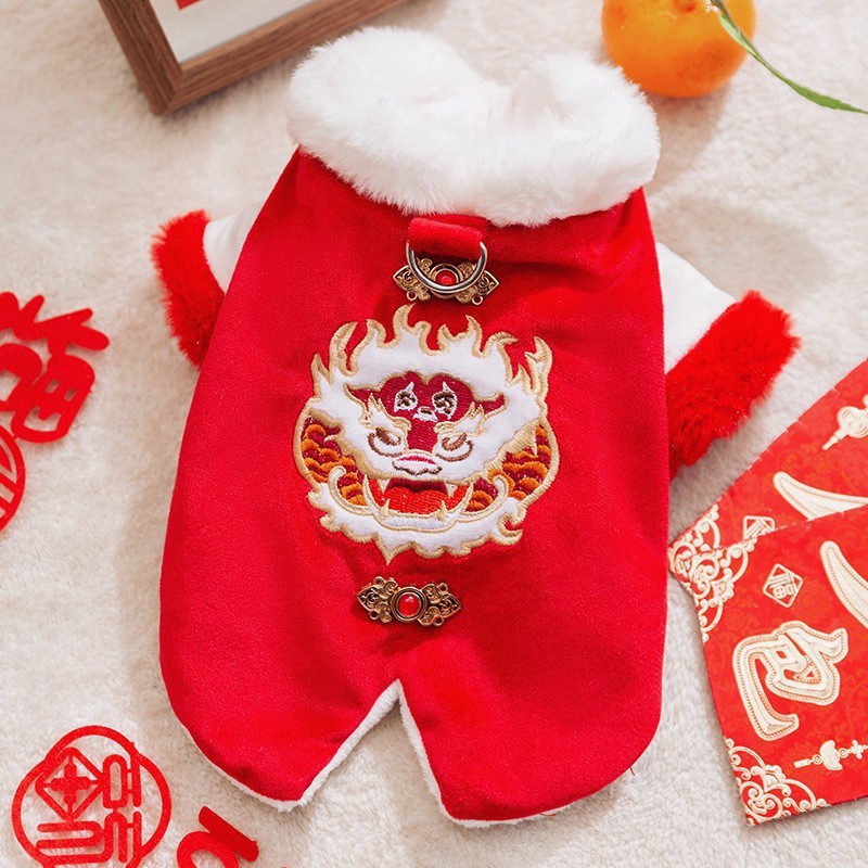 Año nuevo mascota Tang traje León danza pareja ropa de algodón acolchado ropa de Año Nuevo ropa de perro festivo gato dos pies ropa de perro caliente