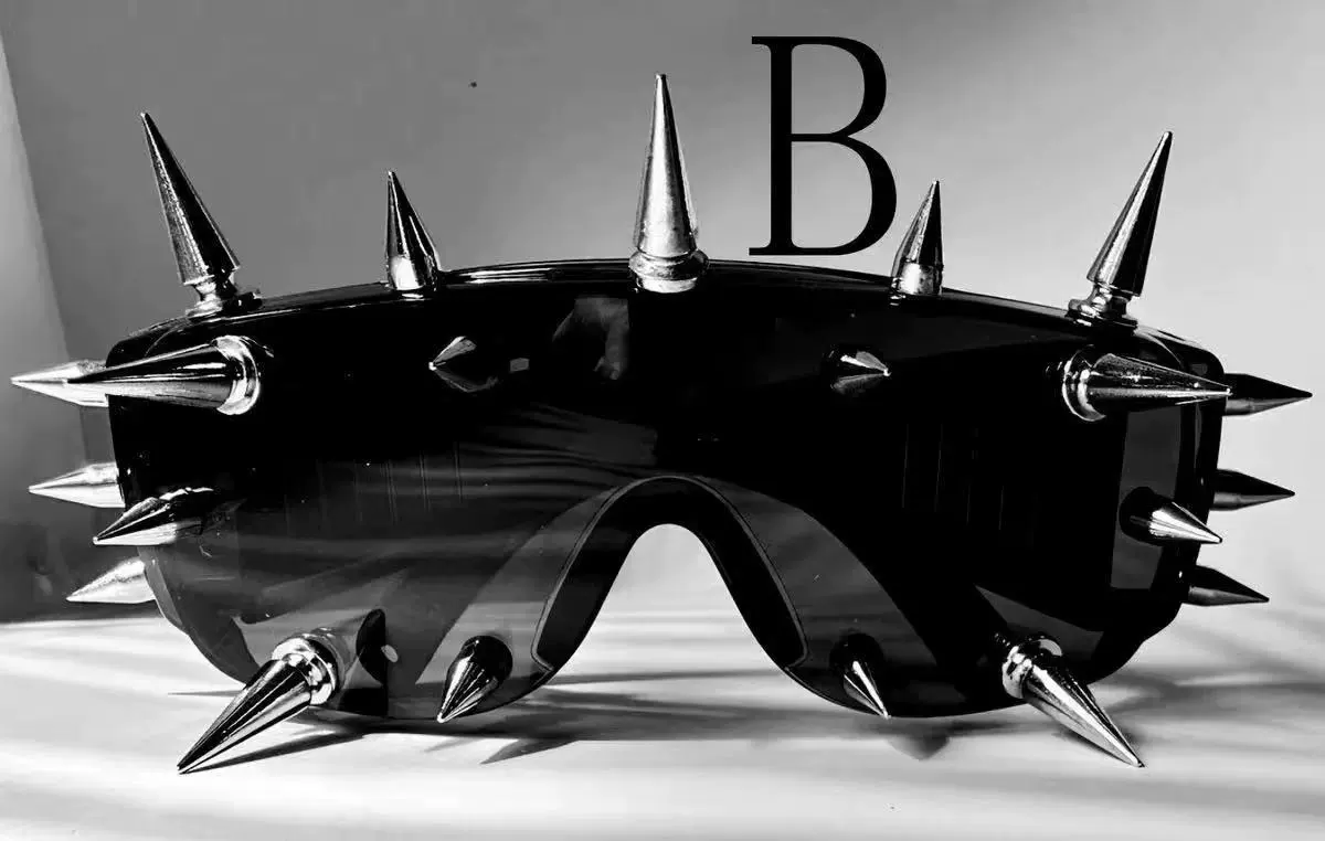 Sunglasses punk style, spike-studded fashion shades, black tinted lens