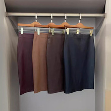 HN2029-8春秋新款高腰显瘦修身弹力绵羊皮包臀开叉及膝半裙真皮裙