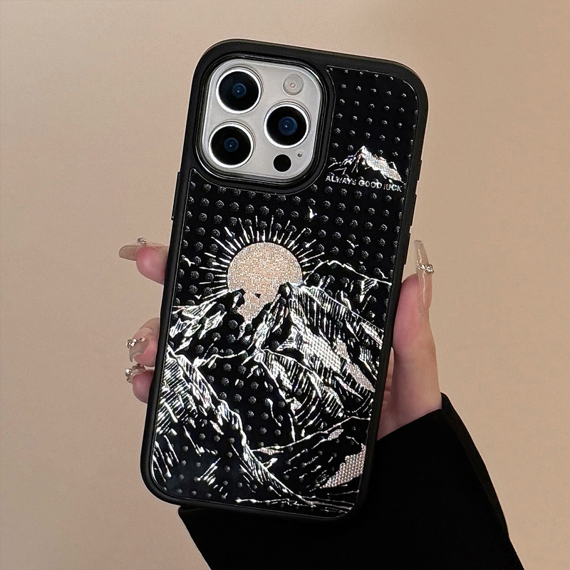 金箔携帯電話ケース Apple 17 Pro Max 保護カバー iPhone 16 日出金山 12対応 15個性派ガラス|undefined