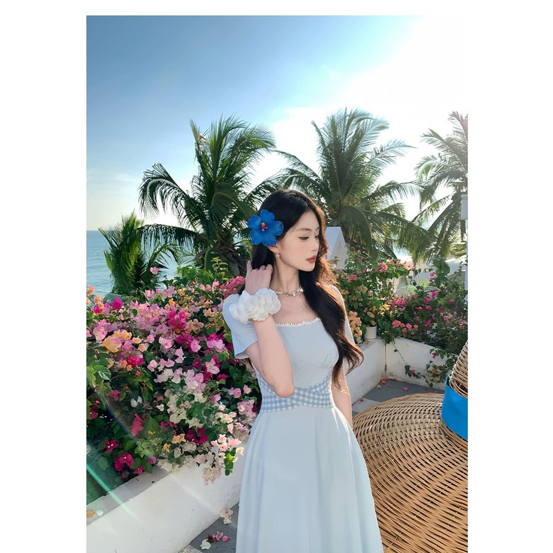 今年流行爆款法式蓝色方领连衣裙子女装夏季穿搭2025新款收腰长裙|undefined