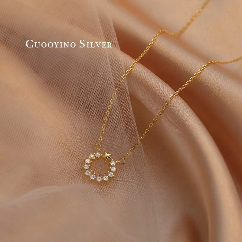 Wholesale Simple Style Circle Star Sterling Silver 14k Gold Plated Zircon Necklace display picture 2