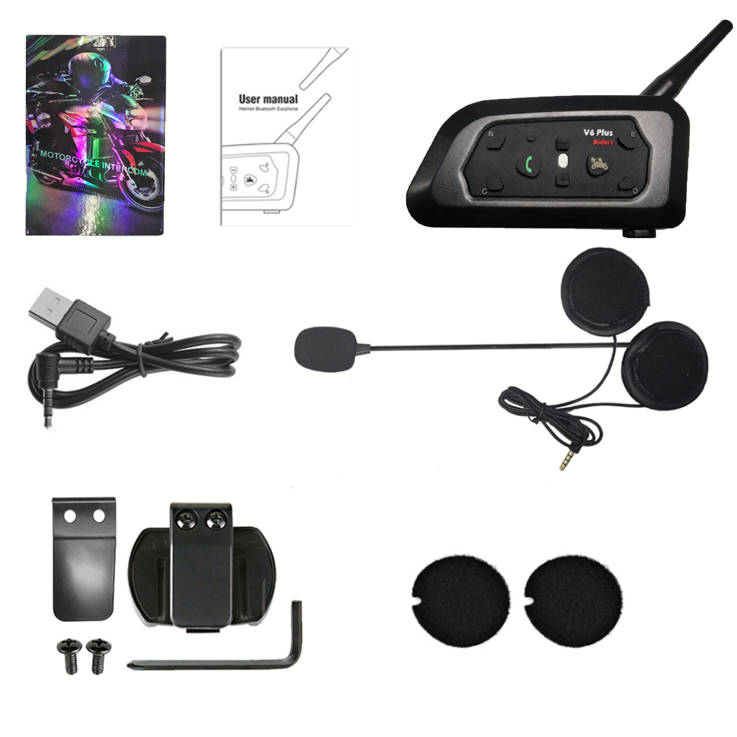 Neutral V6Plus Helmet Bluetooth Headset Motorcycle Helmet Intercom Headset Cycling Noise-Cancelling Headset Waterproof Cross-Border