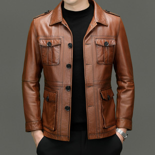 Top Layer Oil Wax Cowhide Leather Jacket Men's Genuine Leather Jacket Spring and Autumn Lapel Tooling Multi-Pocket Biker Jacket Trendy