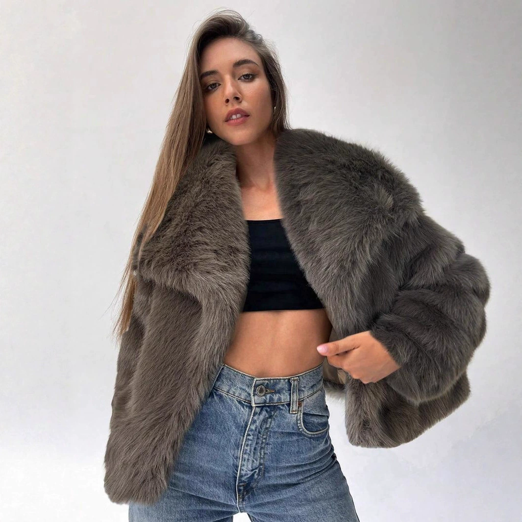 2025新款欧美跨境女装短款仿皮草外套时髦大翻领长袖保暖大衣