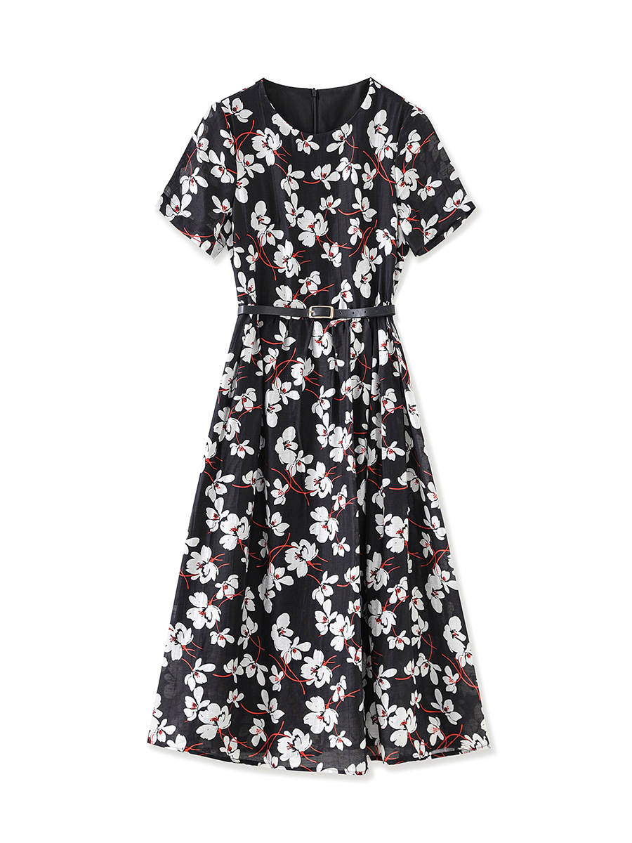 Váy maxi nữ tay ngắn thắt lưng chất liệu Tencel linen in họa tiết — Màu đen
