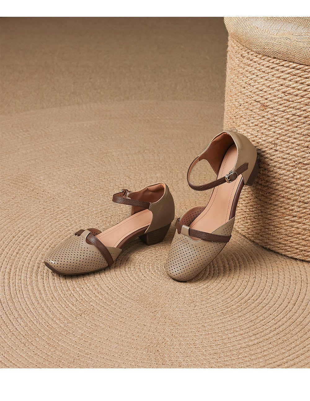 Sandal nữ da cừu mũi kín gót vuông quai ngang khóa một chữ — màu trắng ngà chi tiết 17