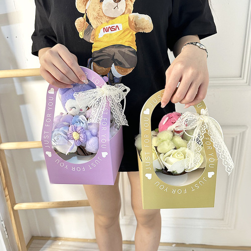 New Cartoon Plush Doll Flower Basket Creative Chinese Valentine's Day Gift Cute Simulated Rose Bouquet Wholesale