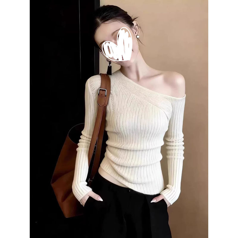 French-Style Gentle Off-Shoulder Long-Sleeve Knit Sweater for Women, 2026 New Model, Waist-Cinching, Slimming, Versatile Base Shirt Top French-Style Gentle Off-Shoulder Long-Sleeve Knit Sweater for Women, 2026 New Model, Waist-Cinching, Slimming, Versatile Base Shirt Top
