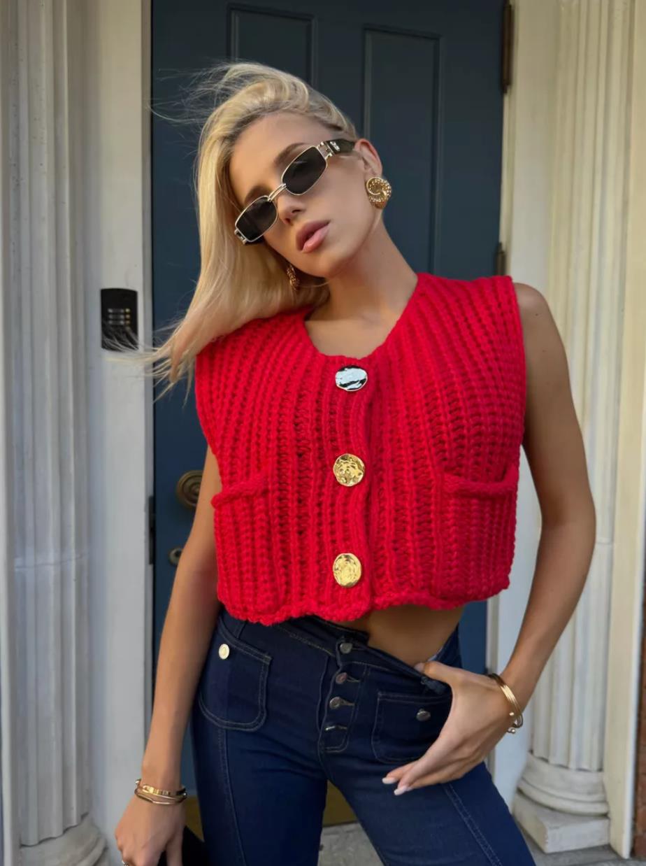 Sweater women's 2024 autumn and winter new product V-neck pocket thick needle sleeveless cardigan knitted vest women_voghion.com