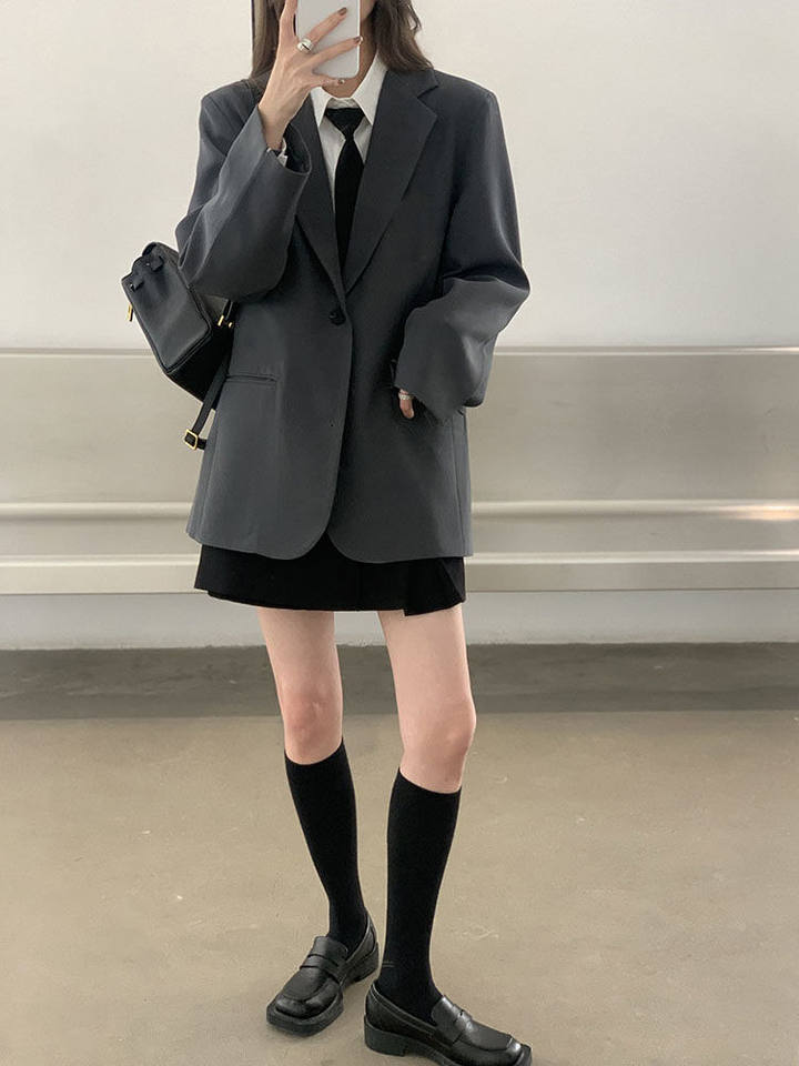 Áo blazer nữ màu xám phong cách Hàn Quốc, áo vest dài tay dáng suông tôn dáng — Màu xám [chất lượng cao] chi tiết 2