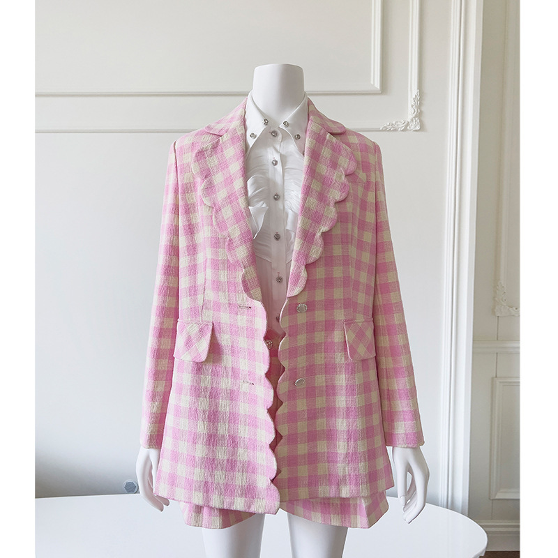 Lapel Jacket, Tube Top, Wavy Edge Pleated Pants, Pink Plaid Suit 91430+71257+51190 Lapel Jacket, Tube Top, Wavy Edge Pleated Pants, Pink Plaid Suit 91430+71257+51190