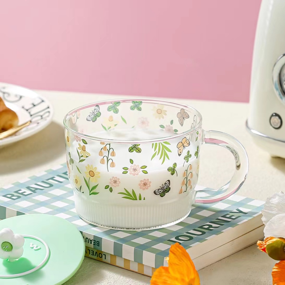 Flor de verano de lujo ligero Vidrio DE ALTO aspecto con tapa Taza de desayuno de gran capacidad de alto aspecto Taza de avena con taza de regalo de mano
