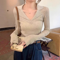 高级螺纹polo翻领针织毛衣女春季秋装V领法式内搭长袖打底衫上衣