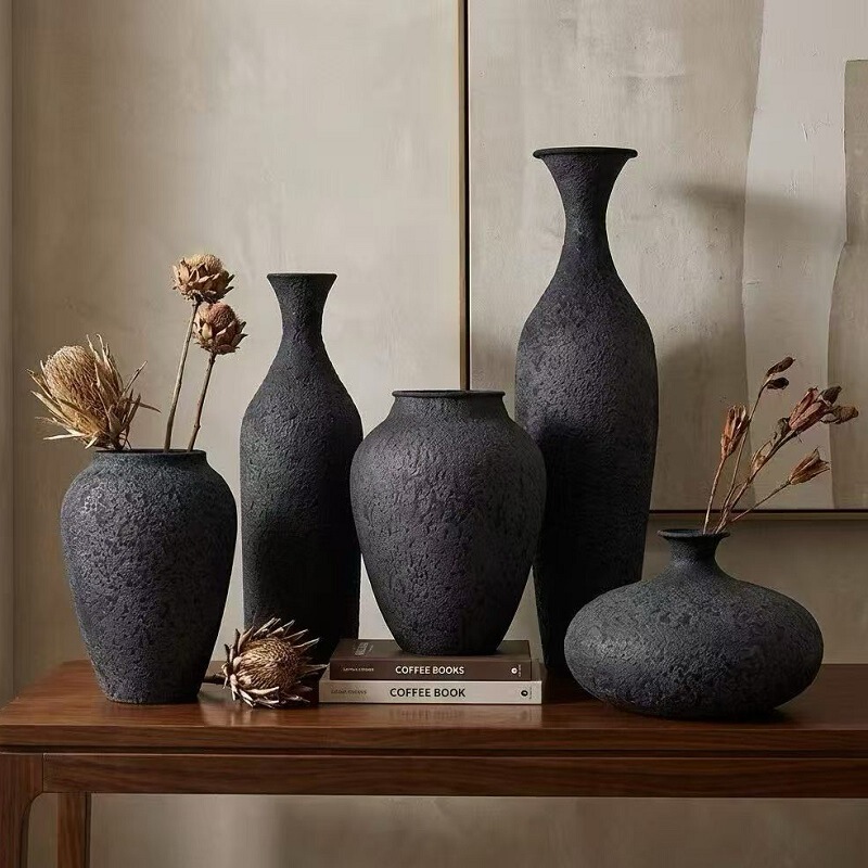 Wabi-Sabi Style Retro Imitation Rustic Pottery Vase with a High-End Feel, Rough Texture, Metal Flower Vessel, Tea Room Ambiance Decoration, Flower Arrangement Pot Wabi-Sabi Style Retro Imitation Rustic Pottery Vase with a High-End Feel, Rough Texture, Metal Flower Vessel, Tea Room Ambiance Decoration, Flower Arrangement Pot