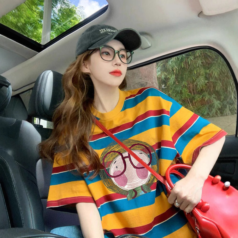 American-Style Color-Block Striped Short-Sleeve T-Shirt for Women, 2026 New Summer Trendy Cartoon College Style Loose Slimming Top American-Style Color-Block Striped Short-Sleeve T-Shirt for Women, 2026 New Summer Trendy Cartoon College Style Loose Slimming Top