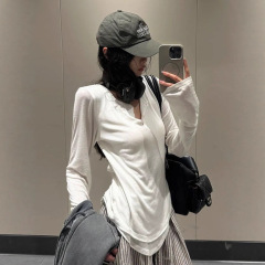 【雪花棉】美式复古纯色V领长袖t恤女夏季设计感小众修身气质上衣