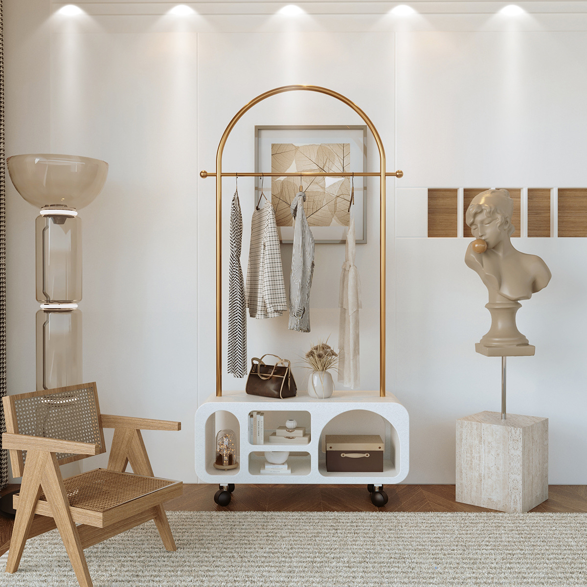 Light Luxury Cream Style Coat Rack French Style Hanger Movable One-piece Clothes Storage Rack Floor-standing Cave Cabinet Nordic Style