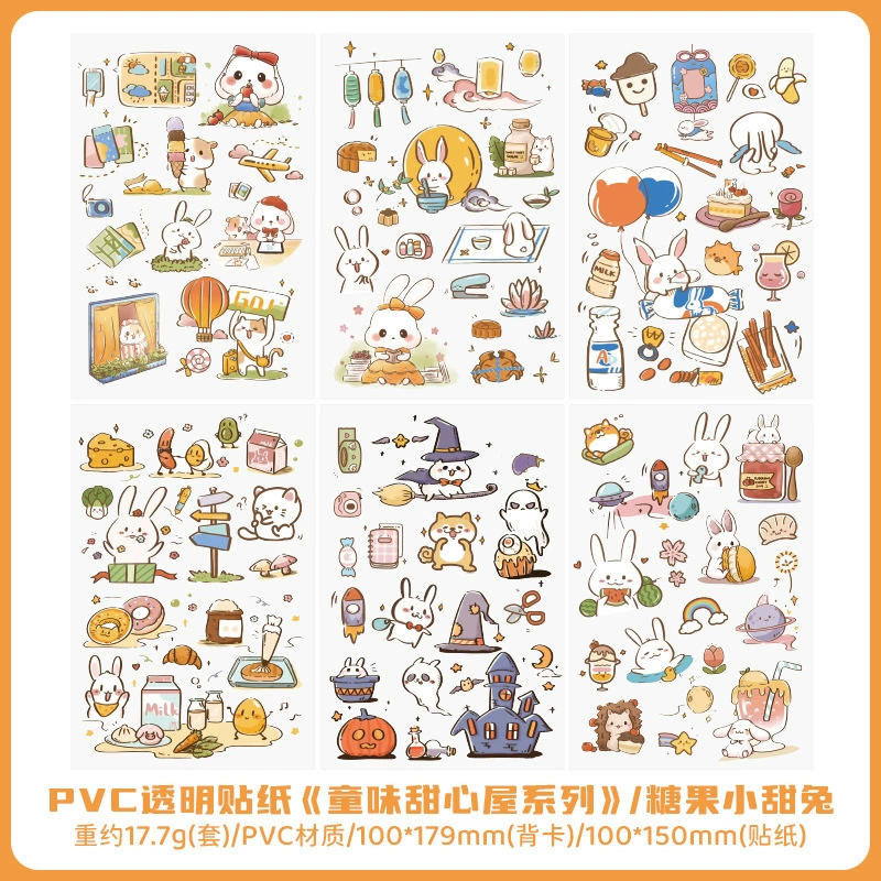 Transparent PVC Waterproof Stickers — Cute Cartoon Multi-Design Sheets, Single Pack (Various Themes)