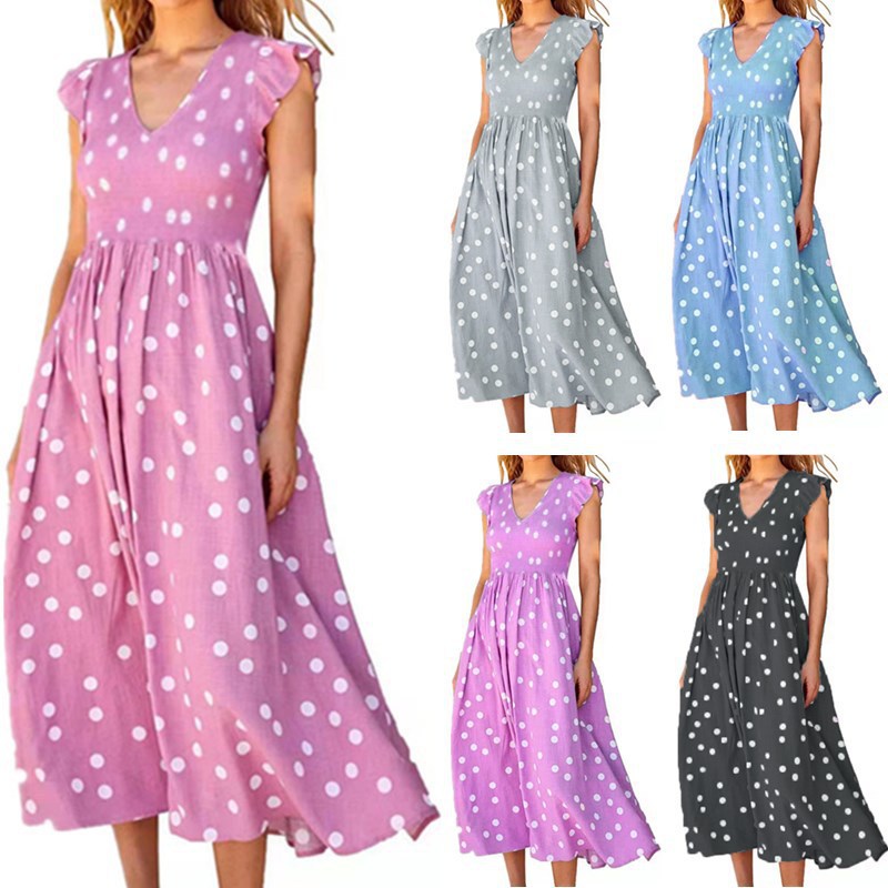 Women V-neck Printed Dress Summer Pink High Quality