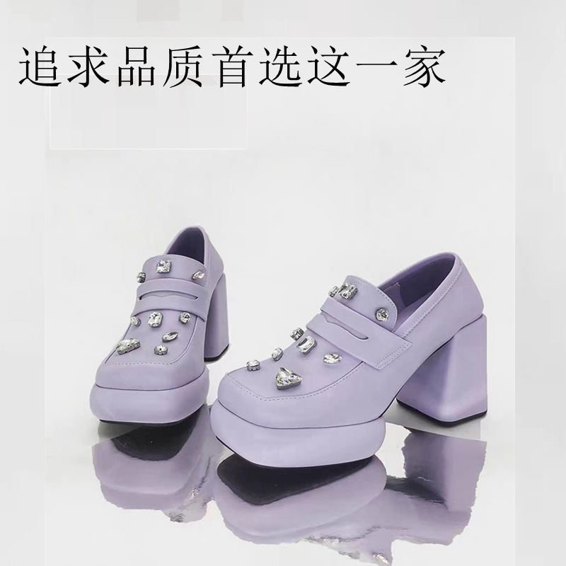 Genuine Leather Loafers for Women with Rhinestones, Chunky Heels, Thick-Soled High-Heeled Shoes, Sheepskin Insoles, Elegant and Available for Wholesale