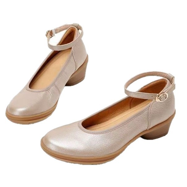 2026 verano nuevo poco profundo zapatos de cuero suave zapatos de cuero suave tacones redondos zapatos de tacón bajo un pedazo de zapatos marizhen