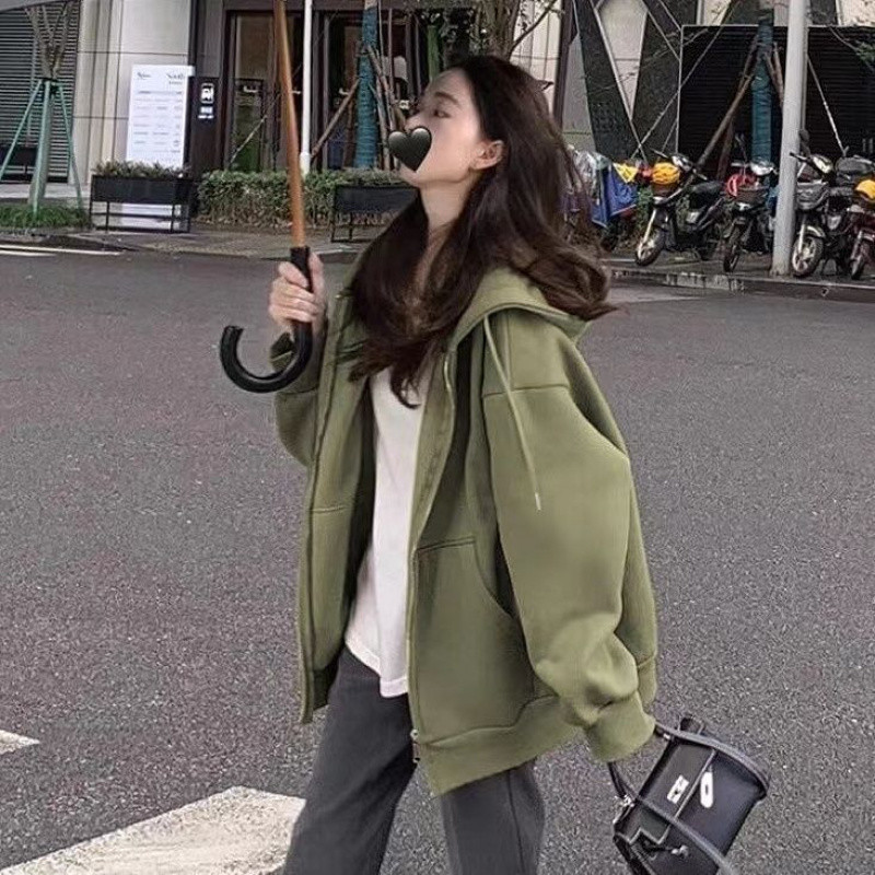 超显白纯色连帽卫衣女秋冬季加绒加厚宽松慵懒ins风拉链开衫外穿|undefined