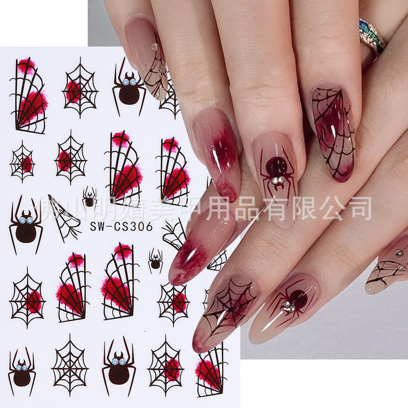 Cross-Border Halloween Nail Stickers New Style Blood Drop Spider Web Autumn Mushroom Psychedelic Adhesive Nail Stickers Wholesale