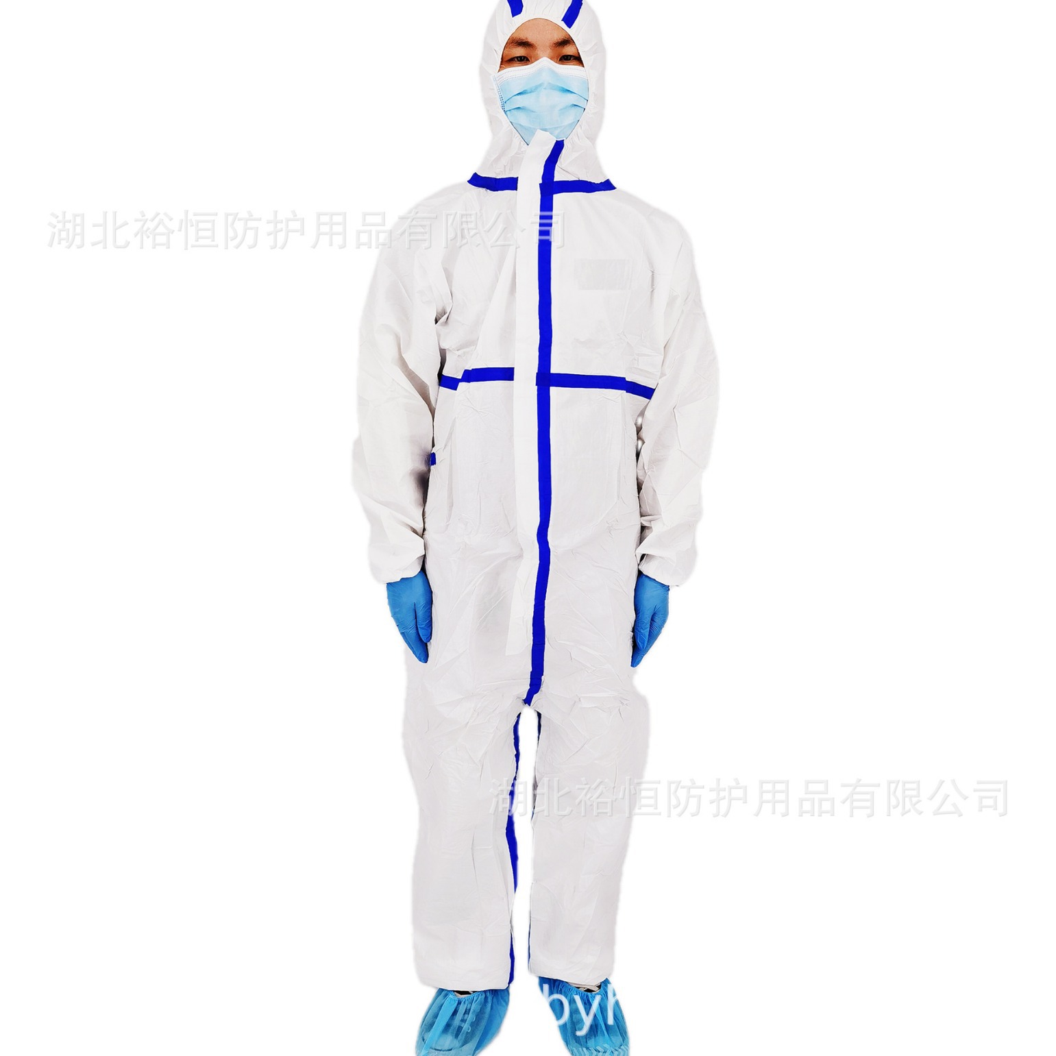 厂家直销现货透气膜压蓝条防护服SF带帽65G防护服