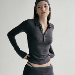 Badblood charcoal grey long-sleeve base shirt for women, American retro embroidery polo collar slimming top, autumn