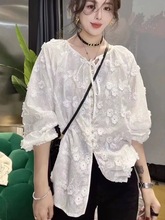 立体刺绣甜美长袖衬衫女2023春款日系文艺清新系带领立体花长袖衬