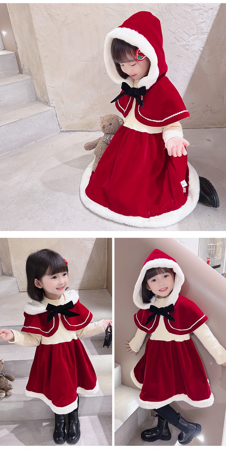 Mädchen Weihnachten Mantel Hut 2023 Neue Kinder Samt Verdickt Schal Rot Kleid_voghion.com