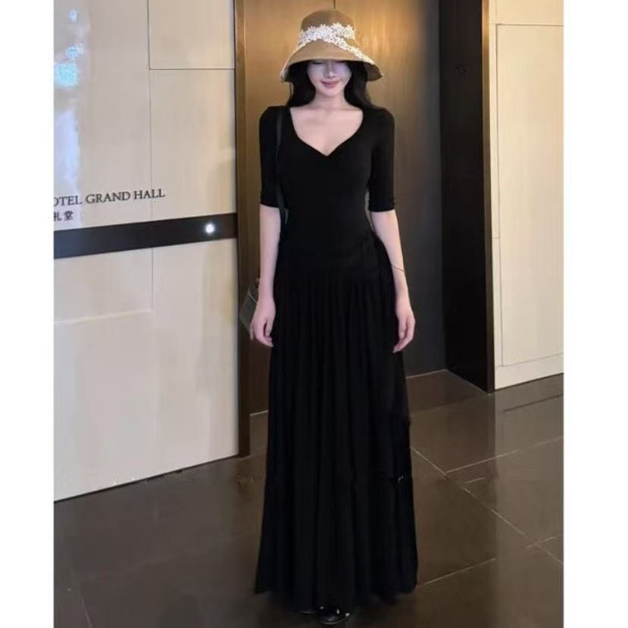 欧美跨境亚马逊法式纯欲灰色扭结连衣裙女夏季新款感气质收腰长裙|undefined
