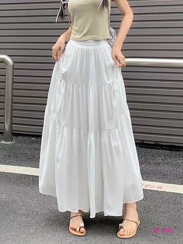 Half skirt spring and summer women's new white all-matching solid color cake skirt, high waist, slimming, large swing skirt, casual dress
