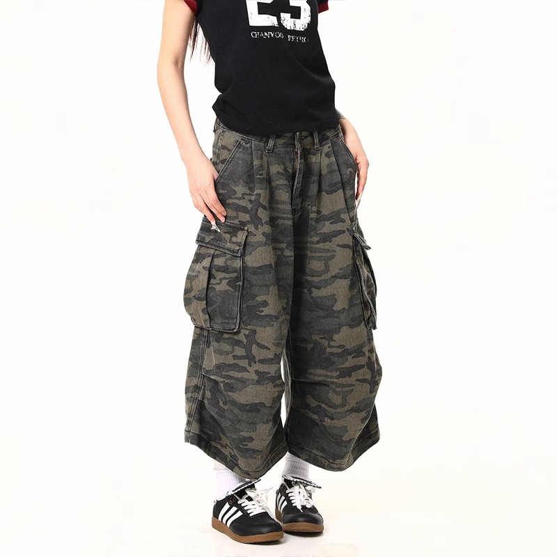 American Retro Washed Large Pocket Camouflage Cropped Denim Shorts Men High Street Vibe Vintage Casual Loose Pants