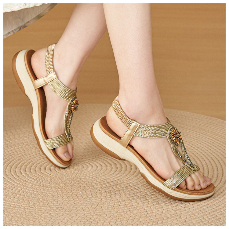 Sandal nữ đế mềm chống trượt phong cách Bohemian đính đá — Champagne màu, màu đen, màu vàng chi tiết 13