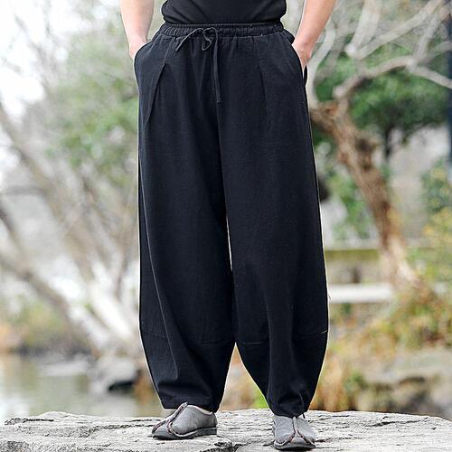 Summer and Autumn Chinese Style Men's Pants Linen Casual Loose Plus Size Fat Boy Wide Leg Pants Practice Cotton Linen Lantern Pants