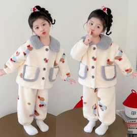 珊瑚绒睡衣套装冬装2025新款女童家居服两件套开衫法兰绒加厚宝宝