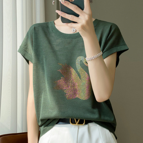 2026 summer new women's clothes new knitted sweater, bamboo hemp short-sleeved shirt, women's T-shirt, women's round collar, hot drilling swan