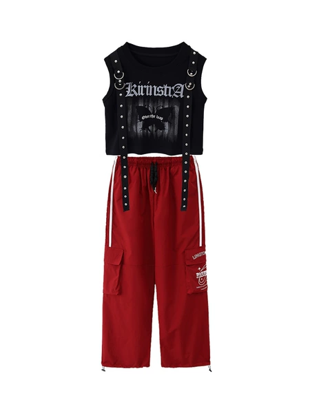 605 women's black ribbon vest + 104 burgundy overalls