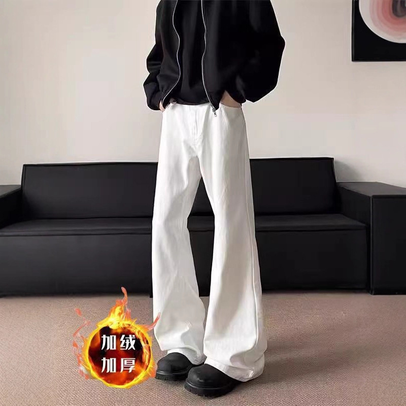 White Curved Hem Flared Jeans for Men, Autumn and Winter Cleanfit Hong Kong Style Trendy Brand, Loose Versatile Straight-Leg Fleece-Lined Pants