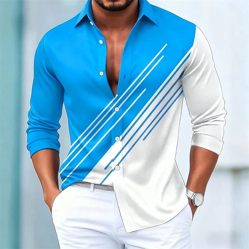 Men's Fashionable Contrast Striped Long-Sleeved Shirt, European and American Style Slim-Fit Casual Shirt, Available in 15 Colors